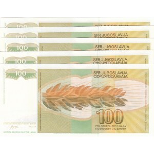 Yugoslavia, 100 Dinara, 1990, UNC, p105, (Total 5 consecutive banknotes)
