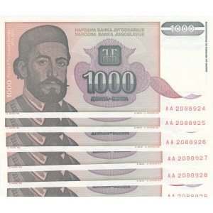 Yugoslavia, 1000 Dinara, 1994, UNC, p140, (Total 6 consecutive banknotes)