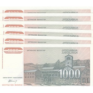 Yugoslavia, 1000 Dinara, 1994, UNC, p140, (Total 6 consecutive banknotes)
