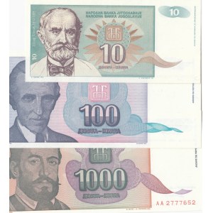 Yugoslavia, 10 Dinara, 100 Dinara, 1.000 Dinara, 1994, UNC, p138, p139, p140, (Total 3 banknotes)