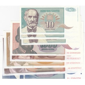 Yugoslavia, 10 Dinara (3), 100 Dinara, 500 Dinara, 1000 Dinara (2) and 10000 Dinara, 1990/1994, UNC, (Total 8 banknots)