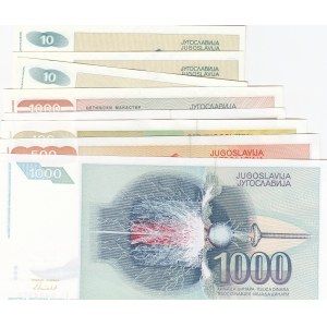 Yugoslavia, 10 Dinara (3), 100 Dinara, 500 Dinara, 1000 Dinara (2) and 10000 Dinara, 1990/1994, UNC, (Total 8 banknots)
