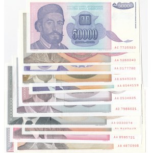 Yugoslavia, 10.000 Dinara, 50.000 Dinara, 100.000 Dinara, 1.000.000 Dinara, 5.000.000 Dinara, 10.000.000 Dinara, 100.000.000 Dinara, 500.000.000 Dinara (2), 1.000.000.000 Dinara, 10.000.000.000 Dinara and  50.000.000.000 Dinara, 1993, UNC, (Total 12 