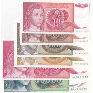 Yugoslavia, 10 Dinara, 100 Dinara (2), 10.000 Dinara, 50.000 Dinara and 100.000 Dinara, 1988/1991, UNC, (Total 6 banknotes)