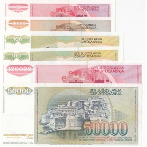 Yugoslavia, 10 Dinara, 100 Dinara (2), 10.000 Dinara, 50.000 Dinara and 100.000 Dinara, 1988/1991, UNC, (Total 6 banknotes)