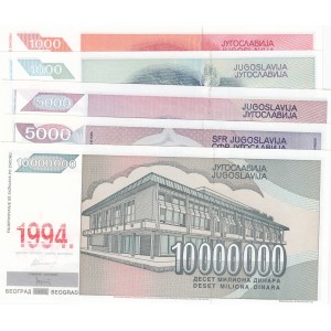 Yugoslavia, 1.000 Dinara (2), 5.000 Dinara (2) and 10.000.000 Dinara, 1985/1993, UNC, (Total 5 banknotes)