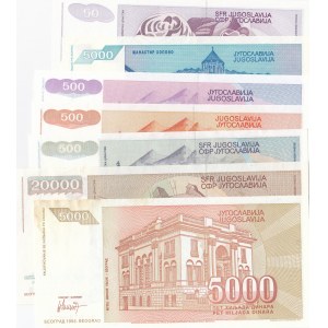 Yugoslavia, 50 Dinara, 500 Dinara (3), 5.000 Dinara (2) and 20.000 Dinara, 1987/1994, UNC, (Total 7 banknotes)