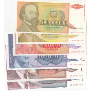 Yugoslavia, 1.000 Dinara, 50.000 Dinara, 500.000 Dinara, 5.000.000 Dinara and 5.000.000.000 Dinara, 1990/1993, AUNC / UNC, (Total 6 banknotes)