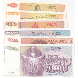 Yugoslavia, 1.000 Dinara, 50.000 Dinara, 500.000 Dinara, 5.000.000 Dinara and 5.000.000.000 Dinara, 1990/1993, AUNC / UNC, (Total 6 banknotes)