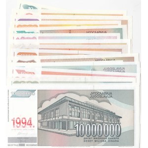 Yugoslavia, 10 Dinara (2), 50 Dinara, 100 Dinara (3), 500 Dinara (3), 100 Dinara (2), 5000 Dinara (2), 10000 Dinara (2), 50000 Dinara (2), 100000 Dinara, 500000 Dinara, 5000000 Dinara, 10000000 Dinara,50000000 Dinara and 5000000000 Dinara, 1985/1994,