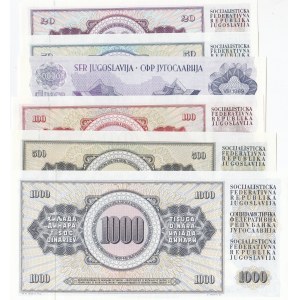Yugoslavia, 20 Dinara, 50 Dinara, 100 Dinara, 500 Dinara, 1.000 Dinara and 500.000 Dinara, 1968/1989, UNC, (Total 6 banknotes)