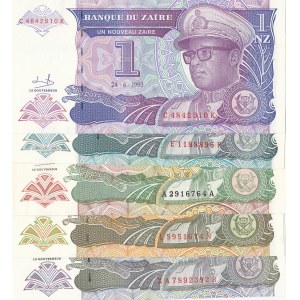 Zaire, 1 Zaire, 10 Zaires (2), 200 Zaires and 500 Zaires, 1993/1994, UNC, (Total 5 banknotes)