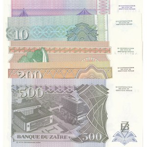 Zaire, 1 Zaire, 10 Zaires (2), 200 Zaires and 500 Zaires, 1993/1994, UNC, (Total 5 banknotes)