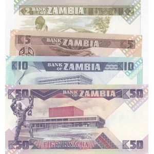 Zambia, 2 Kwacha, 5 Kwacha, 10 Kwacha and 50 Kwacha, 1980-88, UNC, p24c, p25d, 26e, 28, (Total 4 banknotes)