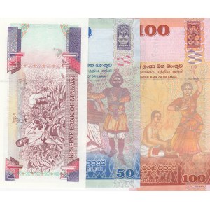Mix Lot, Sri Lanka, 50 Rupees, 2010, Unc; Sri Lanka, 100 Rupees, 2016, Uncİ Malalawi, 1 Kwacha, 1992, UNC, p23b