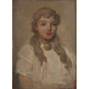 Alfons Karpiński (1875 Rozwadów k. Tarnobrzegu - 1961 Kraków), Portret kobiety ze złotą broszą (Roma), 1959
