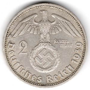 Germany 2 Reichsmark 1939 D Munich Third Reich WWII Nazi Swastika 