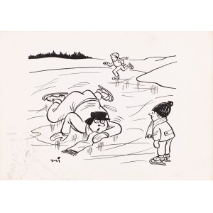 Gwidon Miklaszewski (1912 Berlin - 1999 Warszawa), Za moich młodych lat, synku, lód nie był taki śliski, jak teraz!, ilustracja satyryczna