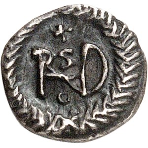 Ostrogoci, Teodoryk (493–526). Čtvrt silique z imieniem Justyna I, bez daty (ok. 525), Rzym.