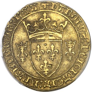 Karol VII (1422–1461). Złota tarcza z koroną, typ trzeci, tzw. „nowa tarcza”, pierwsza emisja, bez daty (1436), Montpellier.