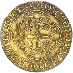 Karol VII (1422–1461). Złota tarcza z koroną, typ trzeci, tzw. „nowa tarcza”, pierwsza emisja, bez daty (1436), Montpellier.