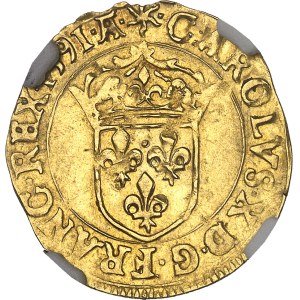 Charles X (1589–1594). Gold coin with a sun, 3rd type, 1591, Marseille.