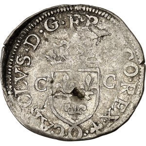 Charles X (1589–1594). Douzain, 2nd type, with a reverse featuring two small crowns and two lilies; the King’s cipher omitted in 1592; O, Riom.