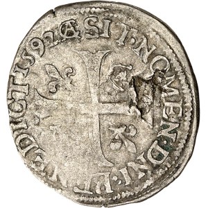 Charles X (1589–1594). Douzain, 2nd type, with a reverse featuring two small crowns and two lilies; the King’s cipher omitted in 1592; O, Riom.