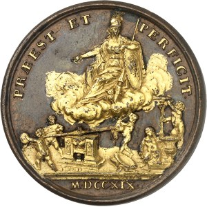 Ludwik XV (1715–1774). Medal, Nicolas de Launay, dyrektor mennicy medali, wykonany z brązu z pozłacanymi reliefami, autorstwa Pinona i J. Du Viviera, 1719 r., Paryż.
