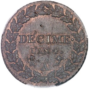 Directoire (1795-1799). Décime Dupré, petit module An 4 (1795), A, Paris.