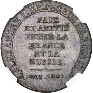 Consulat (1799-1804). Essai monétaire à l’amitié entre la France et la Russie, au module de 2 francs, par Tiolier 1801, Paris.