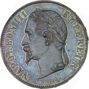 Second Empire / Napoléon III (1852-1870). Essai au module de 20 réaux d’Espagne (5 francs) par Barre, avec avers de Bouvet et tranche en relief, Frappe spéciale (SP) ND (1855), Paris.