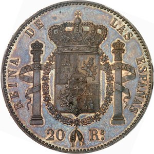Second Empire / Napoléon III (1852-1870). Essai au module de 20 réaux d’Espagne (5 francs) par Barre, avec avers de Bouvet et tranche en relief, Frappe spéciale (SP) ND (1855), Paris.
