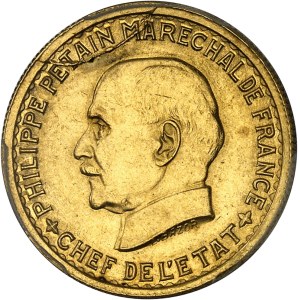 French State (1940–1944). 5-franc Pétain trial coin, 2nd type, in gold, by L. Bazor, Special Strike (SP) 1941, Paris.