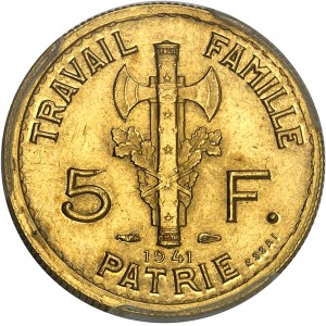 French State (1940–1944). 5-franc Pétain trial coin, 2nd type, in gold, by L. Bazor, Special Strike (SP) 1941, Paris.