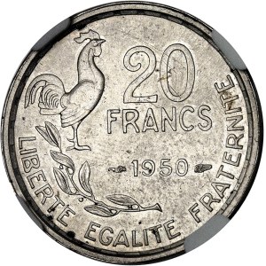 Fourth Republic (1947–1958). 20-franc G. Guiraud proof coin in silver, thick blank, with 4 feathers, 1950, Paris.