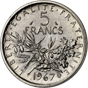 Pátá republika (1958–současnost). Předběžná série 5 franků „Semeuse“ z niklu, 1967, Paříž.