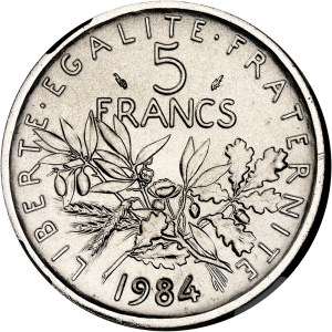 Fifth Republic (1958–present). 5-franc Semeuse nickel coin, burnished (PROOF) 1984, Pessac.