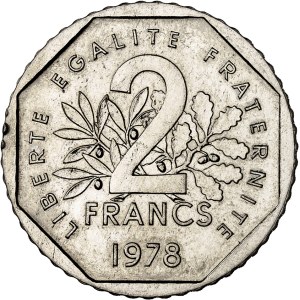 Pátá republika (1958–současnost). Předběžná série 2 franků „Semeuse“, definitivní typ, bez označení „ESSAI“ ani jiných variant, 1978, Pessac.