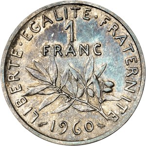 Ve République (1958 à nos jours). Piéfort de 1 franc Semeuse en argent, Flan bruni (PROOF) 1960, Paris.
