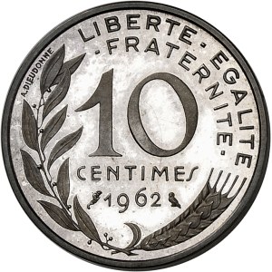 Fifth Republic (1958–present). 10-centime silver Marianne coin, burnished blank (PROOF), 1962, Pessac.