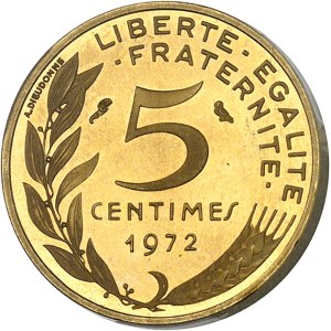 Fifth Republic (1958–present). 5-centime gold Marianne piéfort, Special Strike (SP) 1972, Paris.