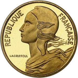 Ve République (1958 à nos jours). Piéfort de 5 centimes Marianne en or 1980, Pessac.