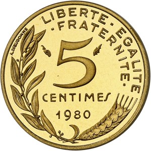 Ve République (1958 à nos jours). Piéfort de 5 centimes Marianne en or 1980, Pessac.