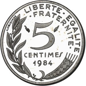 Ve République (1958 à nos jours). Piéfort de 5 centimes Marianne en argent, Frappe spéciale (SP) 1984, Pessac.