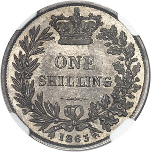 Victoria (1837–1901). Próbka monety o nominale jednego szylinga, gładka krawędź, autorstwa Ch. Wyon, polerowany krążek (PROOF) 1863, Londyn.