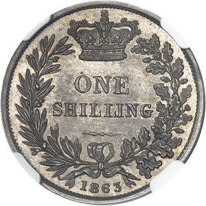 Victoria (1837-1901). Essai de Un shilling, tranche lisse, par Ch. Wyon, Flan bruni (PROOF) 1863, Londres.