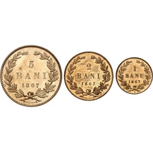 Charles I, King (1881–1914). Set of 1 banu, 2 and 5 bani from 1867, Heaton.