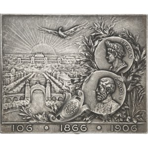 Karol I, król (1881–1914). Tablica pamiątkowa z okazji Wszechogólnej Wystawy w Bukareszcie i jubileuszu panowania, autorstwa L. Stelmansa, 1906 r., Paryż (Janvier i Duval).