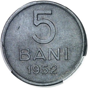 Republika Ludowa (1947–1965). Próbna moneta o nominale 5 bani z ołowiu z 1952 r. (ponowne wybicie), Bukareszt.